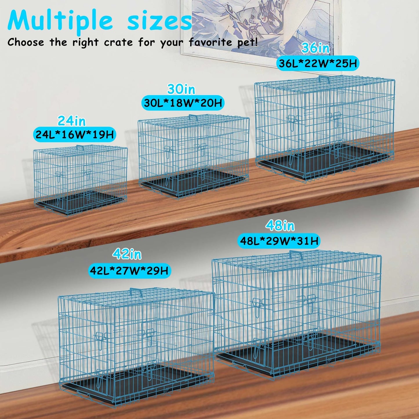 Durable Wire Dog Crate, Folding Metal Dog Kennel Double Door Dog Cage with Plastic Tray, Pet Crate for Large Dog Indoor Outdoor Travel (Blue, 36 Inch)