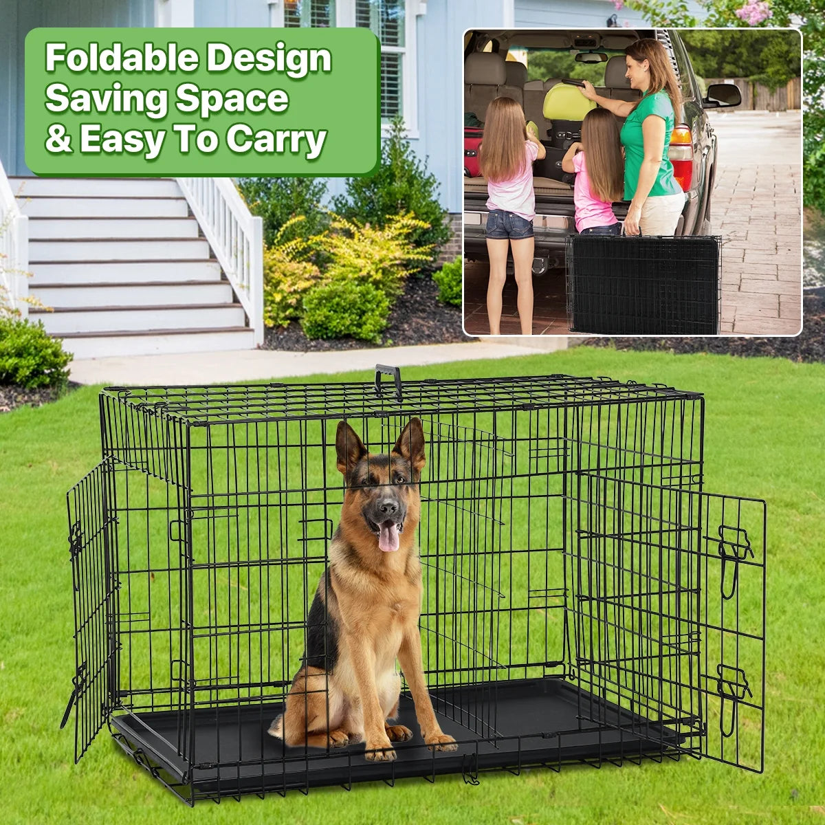 48 Inch Dog Crate Folding XXL Large Dog Cage Dog Kennels and Crates for Large Dogs Pet Animal Segregation Cage with Divider, Plastic Tray, Double-Door, Handle, Black