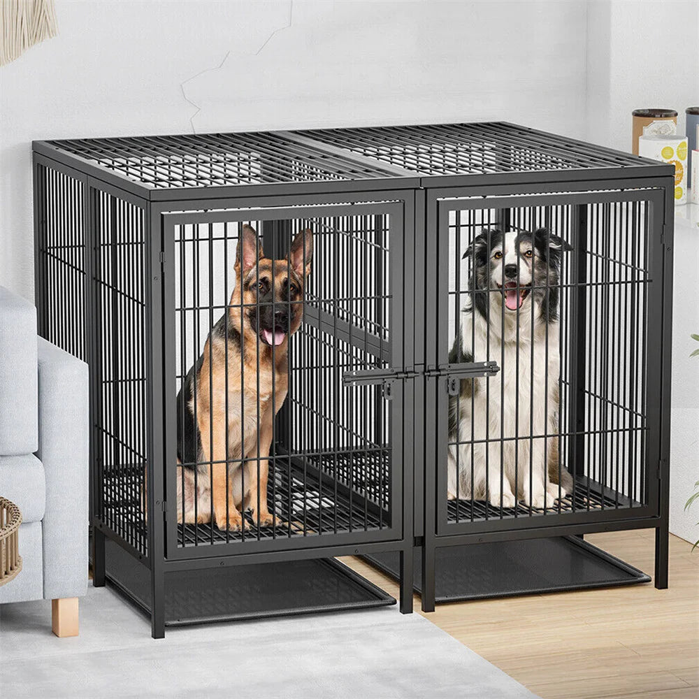 Heavy Duty Large Dog Crate Strong Metal Cage Pet Playpen Kennel with Removable Divider Panel Partition and Trays for 2 Dogs