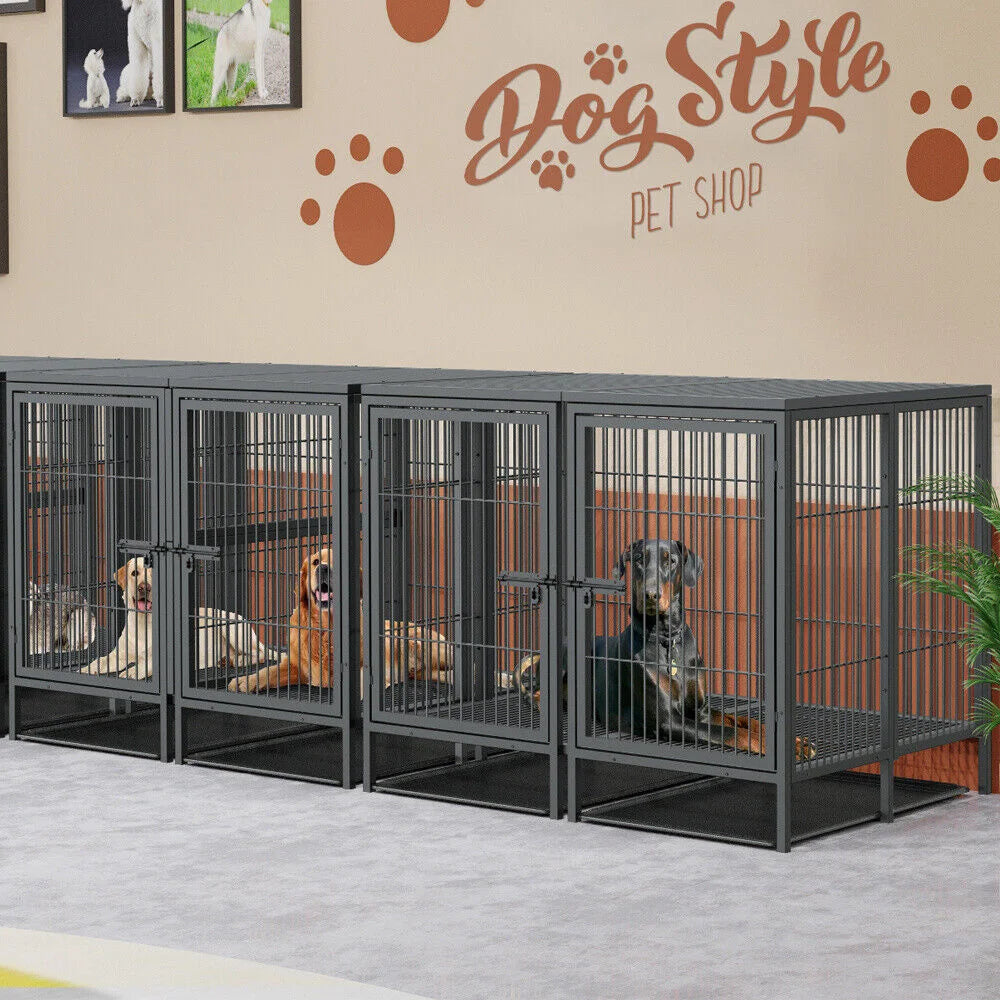 Heavy Duty Large Dog Crate Strong Metal Cage Pet Playpen Kennel with Removable Divider Panel Partition and Trays for 2 Dogs