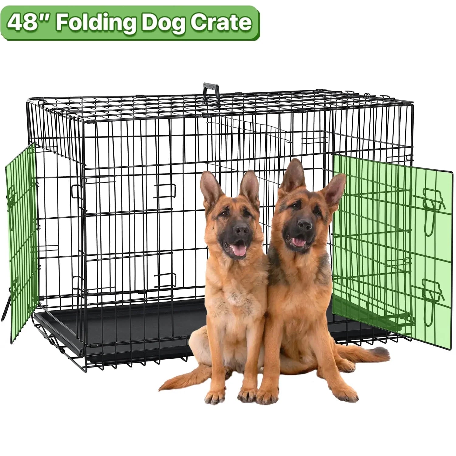 48 Inch Dog Crate Folding XXL Large Dog Cage Dog Kennels and Crates for Large Dogs Pet Animal Segregation Cage with Divider, Plastic Tray, Double-Door, Handle, Black