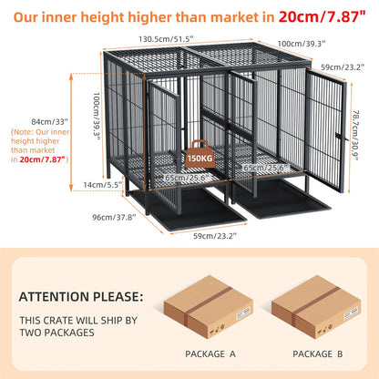 Heavy Duty Large Dog Crate Strong Metal Cage Pet Playpen Kennel with Removable Divider Panel Partition and Trays for 2 Dogs