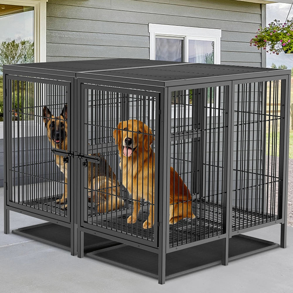 Heavy Duty Large Dog Crate Strong Metal Cage Pet Playpen Kennel with Removable Divider Panel Partition and Trays for 2 Dogs