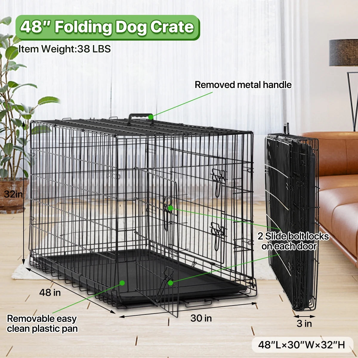 48 Inch Dog Crate Folding XXL Large Dog Cage Dog Kennels and Crates for Large Dogs Pet Animal Segregation Cage with Divider, Plastic Tray, Double-Door, Handle, Black