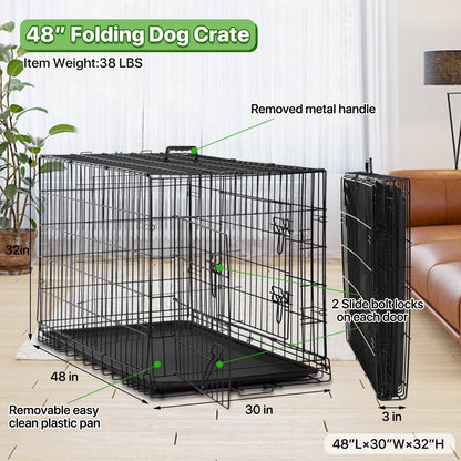 48 Inch Dog Crate Folding XXL Large Dog Cage Dog Kennels and Crates for Large Dogs Pet Animal Segregation Cage with Divider, Plastic Tray, Double-Door, Handle, Black