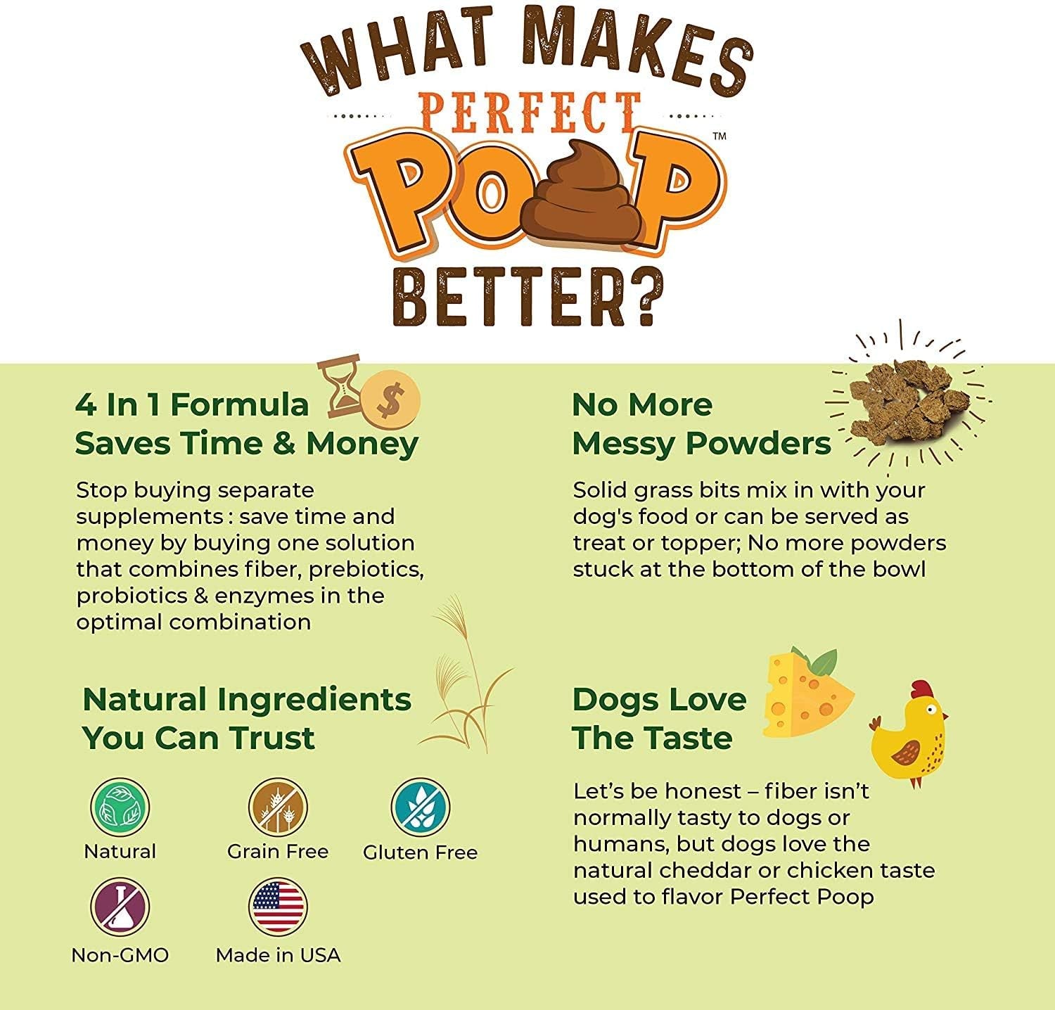 Perfect Poop Digestion & Health Supplement for Dogs: Fiber, Prebiotics, Probiotics, Enzymes Digestive, Hard & Soft Stool, Improved Health (4.2Oz Cheddar Bag + 4.2 Oz Chicken Bag, 4.2 Oz Bundle)