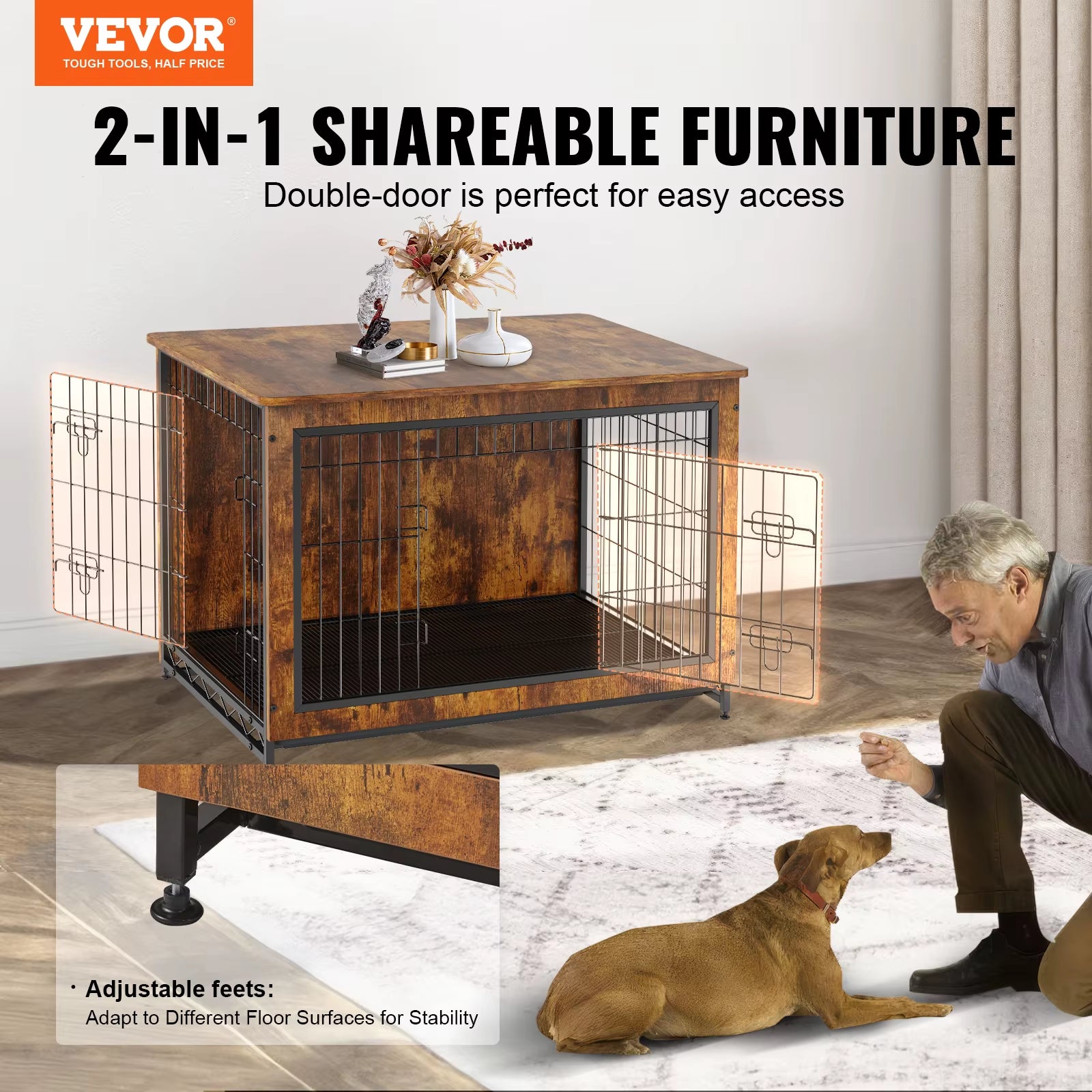 Heavy-Duty Wooden Dog Crate End Table Furniture Kennel with Double Doors Multi-Purpose Removable Tray for Dogs Indoor