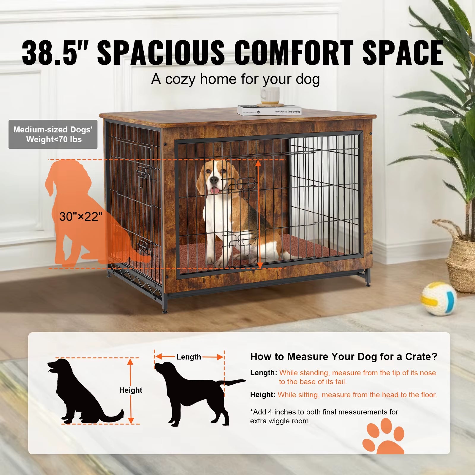 Heavy-Duty Wooden Dog Crate End Table Furniture Kennel with Double Doors Multi-Purpose Removable Tray for Dogs Indoor