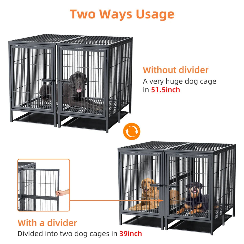 Heavy Duty Large Dog Crate Strong Metal Cage Pet Playpen Kennel with Removable Divider Panel Partition and Trays for 2 Dogs