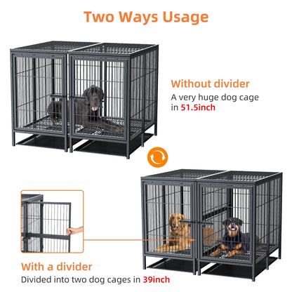 Heavy Duty Large Dog Crate Strong Metal Cage Pet Playpen Kennel with Removable Divider Panel Partition and Trays for 2 Dogs