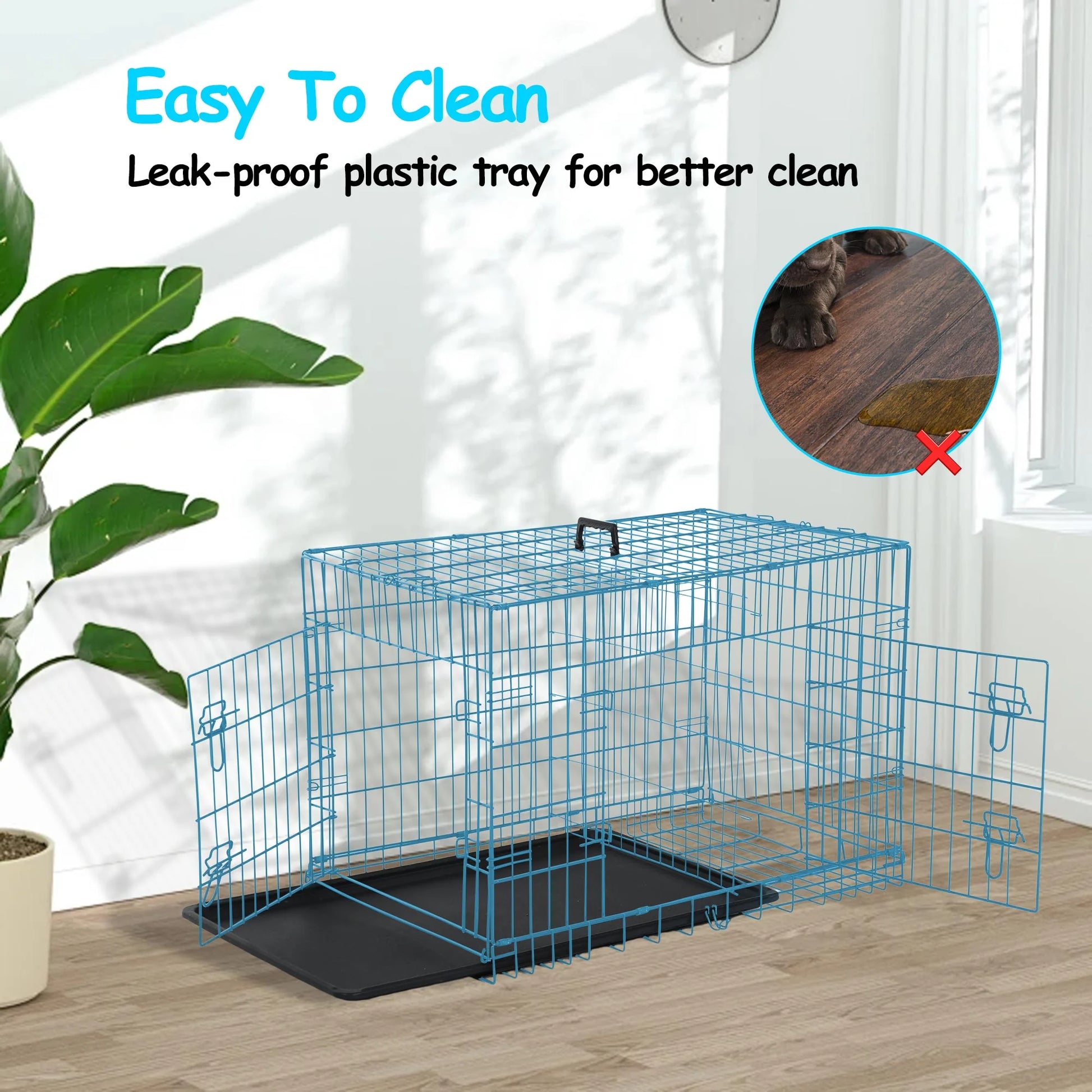 Durable Wire Dog Crate, Folding Metal Dog Kennel Double Door Dog Cage with Plastic Tray, Pet Crate for Large Dog Indoor Outdoor Travel (Blue, 36 Inch)