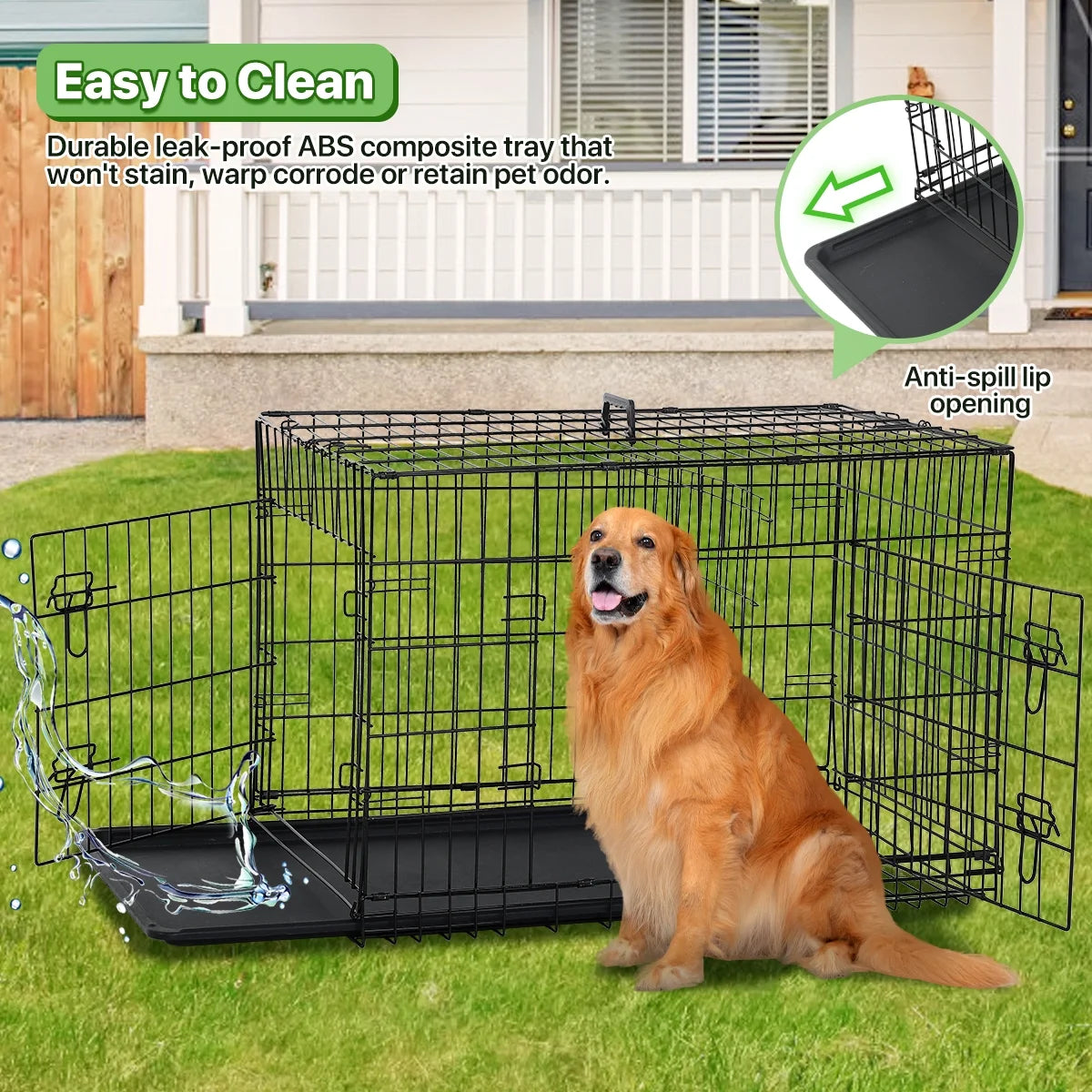48 Inch Dog Crate Folding XXL Large Dog Cage Dog Kennels and Crates for Large Dogs Pet Animal Segregation Cage with Divider, Plastic Tray, Double-Door, Handle, Black