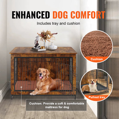 Heavy-Duty Wooden Dog Crate End Table Furniture Kennel with Double Doors Multi-Purpose Removable Tray for Dogs Indoor