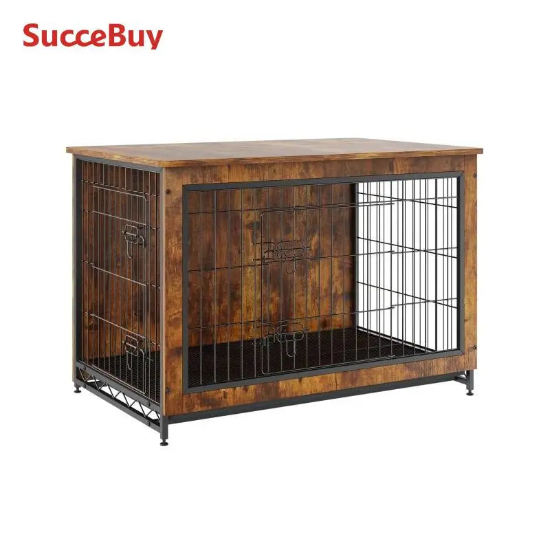 Heavy-Duty Wooden Dog Crate End Table Furniture Kennel with Double Doors Multi-Purpose Removable Tray for Dogs Indoor