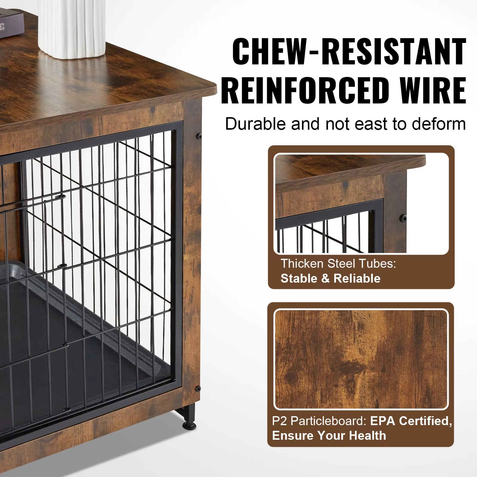 Heavy-Duty Wooden Dog Crate End Table Furniture Kennel with Double Doors Multi-Purpose Removable Tray for Dogs Indoor