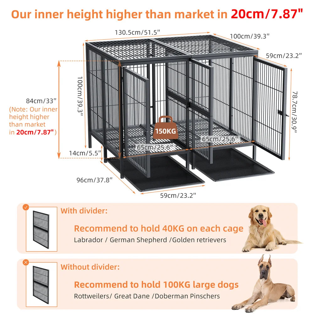 Heavy Duty Large Dog Crate Strong Metal Cage Pet Playpen Kennel with Removable Divider Panel Partition and Trays for 2 Dogs