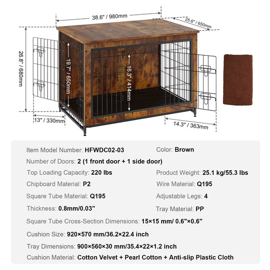 Heavy-Duty Wooden Dog Crate End Table Furniture Kennel with Double Doors Multi-Purpose Removable Tray for Dogs Indoor